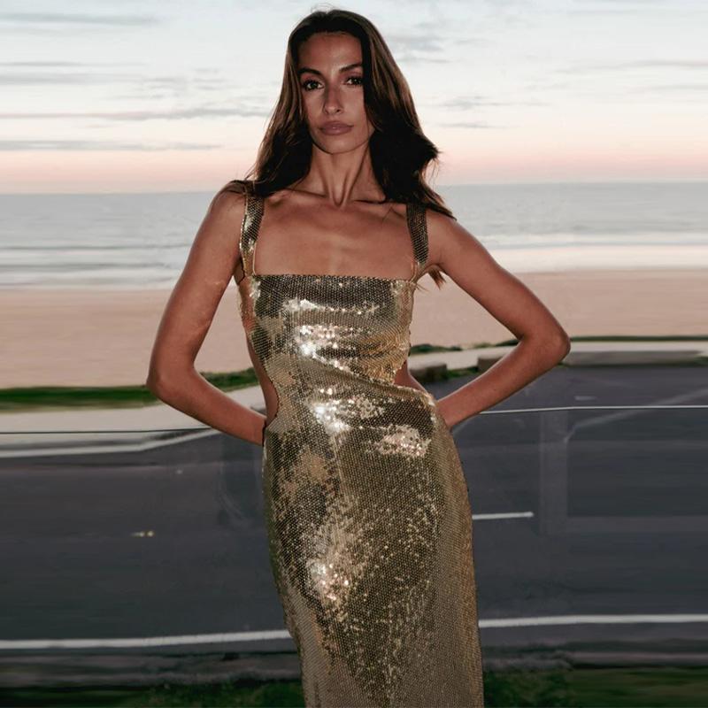 

Жіноча Сексуальна Сукня з Паєтками Квадратний Виріз Сукні на Бретелях Приталена Без рукавів Відкрита Спина З Вирізами Максі Сукні Вечірні Сукні Нова Мода S золотий