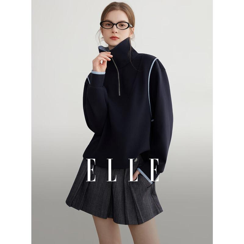 ELLE Women s Navy Spliced Lapel Sweatshirt S