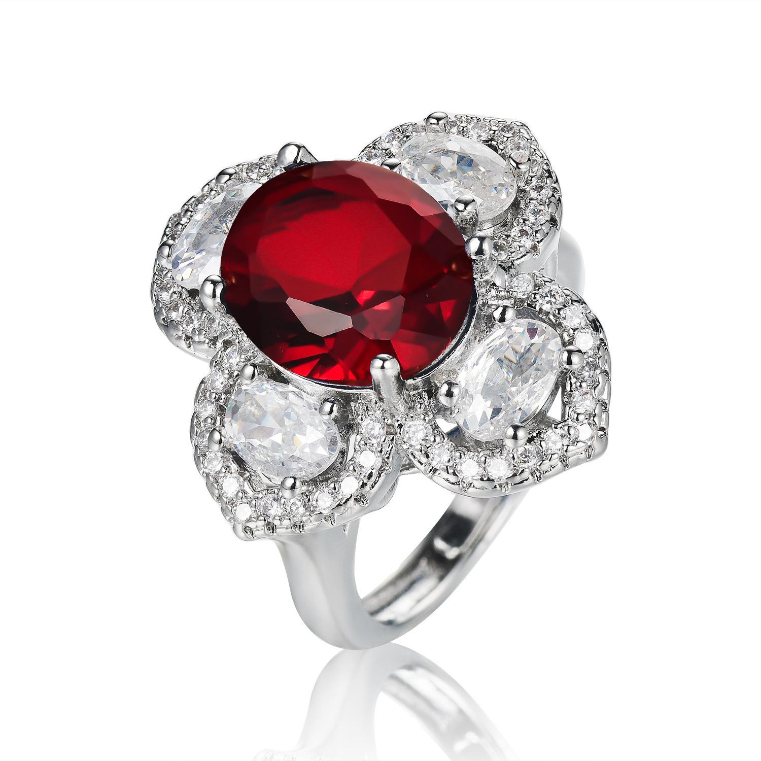 Hot mining heavy industry color treasure oval zircon four-leaf clover ring ring