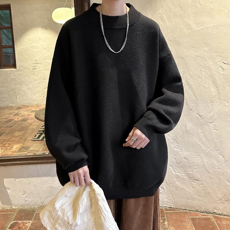 Men's Trendy Loose Round Neck Sweater - Spring/Autumn Solid Color Knitwear, Hong Kong Style Casual Outerwear