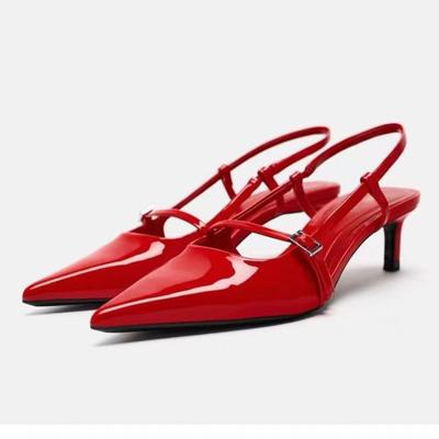 Fashion Patent Leather Women Sandals Sexy Pointed Toe Back Strap Buckle Summer Slingback Footwear Large Size High Heel Red Wedding Shoes