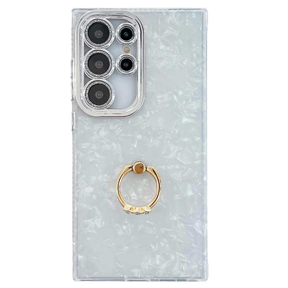 

Для Samsung Galaxy S25 Ultra Чехол с Защитной Пленкой для Объектива IMD Защита от Царапин ПК+ТПУ Чехол для Телефона Кольцо-Держатель Подставка Shell Pattern/White