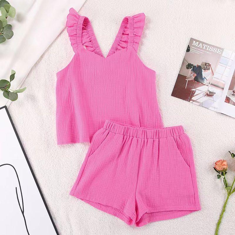 

Fashion Wind Spaghetti-Strap Ruffle Tops Shorts Two-piece Set Fashion Home Wear Tops and Shorts Suit Pink L