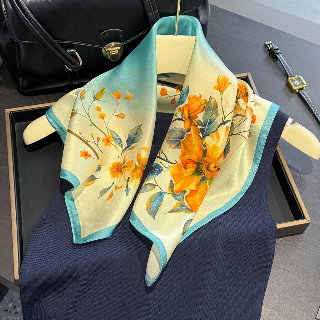 Luxury 100% Real Silk Scarf Women Gradient Floral Print Bandana Shawl Lady Neckerchief Handkerchief Female Decorative Wrap 53cm