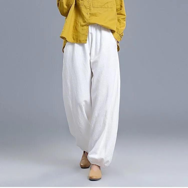 

Весенне-летние женские свободные повседневные хлопково-льняные женские брюки с широкими штанинами, длиной девять точек, брюки-фонарики, удобные художественные брюки S белый