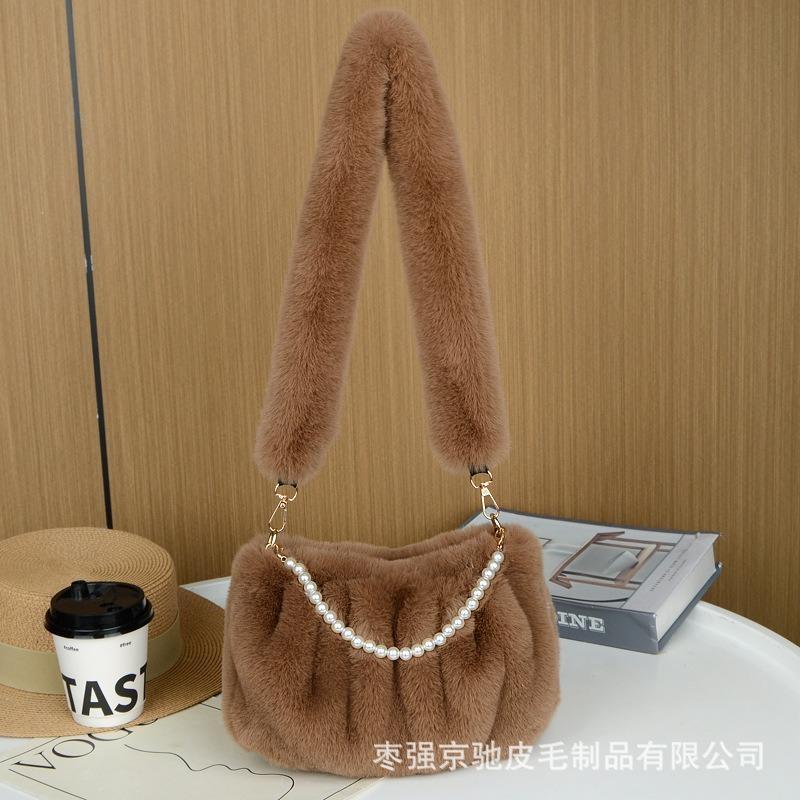 Damska 2024 Nowa Marszczona Mała Kwadratowa Torba Na Ramię Torba Miękka Pluszowa Futerkowa Damska Elegancka Perłowa Torebka Łańcuszkowa Pod Pachami