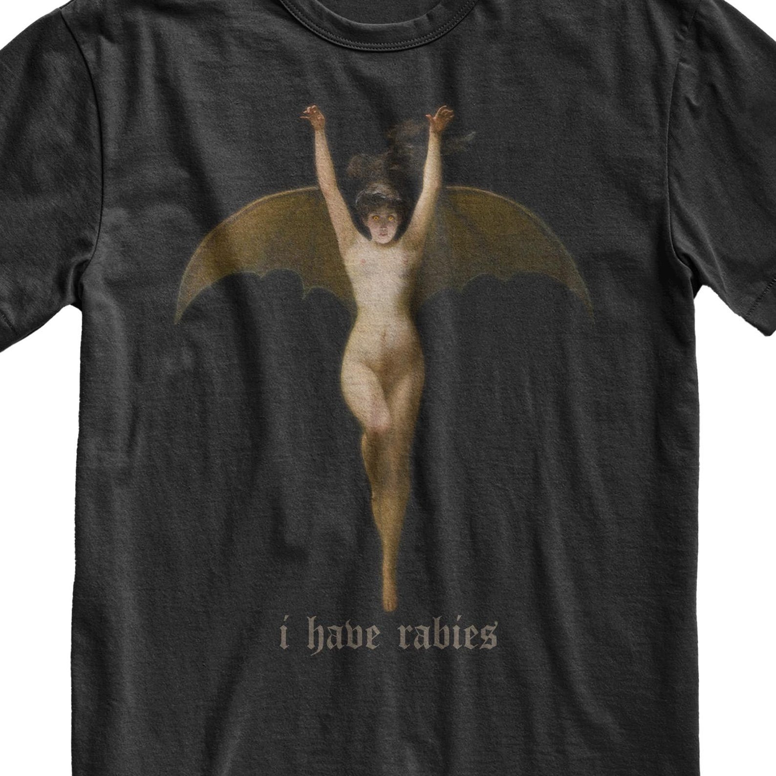 I Have Rabies Bat Woman T-Shirt, Dark Academia Gothic Top, Vintage Y2K Clothing 3XL
