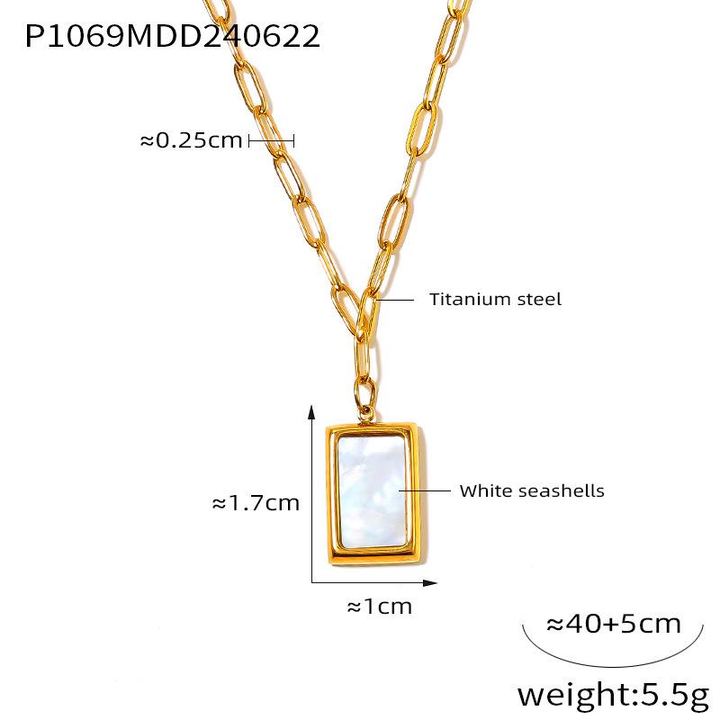French-Inspired Versatile White Mother-of-Pearl Square Pendant Necklace in 18K Gold-Plated Titanium Steel