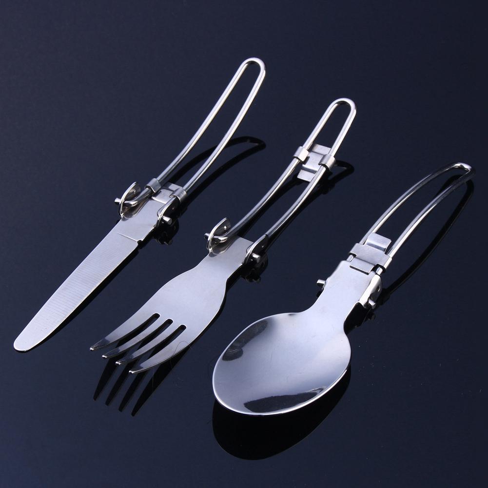 Set de tacâmuri pliabile din oțel inoxidabil, portabil, pentru camping, picnic, cuțit, furculiță, lingură, geantă