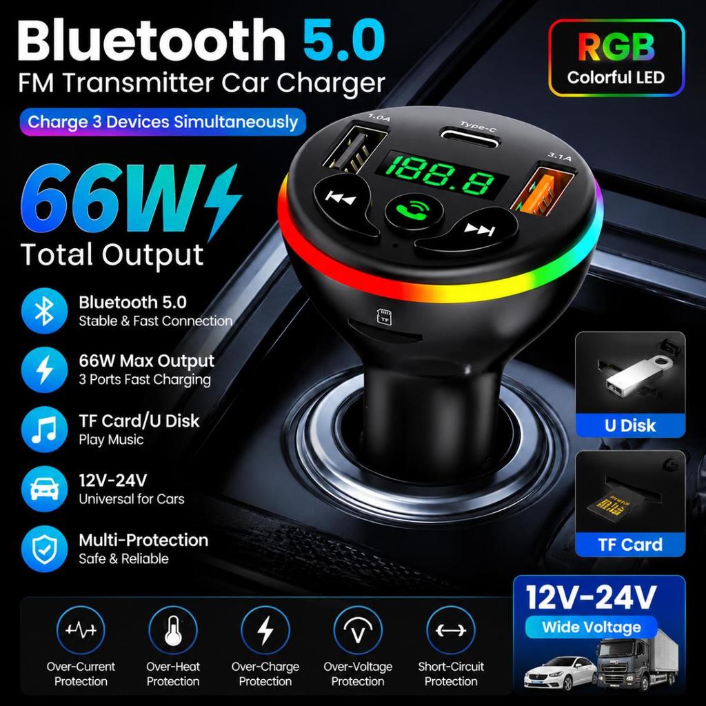 Bluetooth 5.0 FM Transmitter Car Charger 66W 3 Ports Fast Charging Car MP3 Player Handsfree Call RGB Light TF U Disk Car Voltage Detector