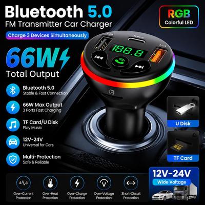 Bluetooth 5.0 FM-Sender Autoladegerät 66W 3 Anschlüsse Schnellladung Auto-MP3-Player Freisprechanlage RGB-Licht TF-Speicherkarte U-Disk Autospannungsdetektor