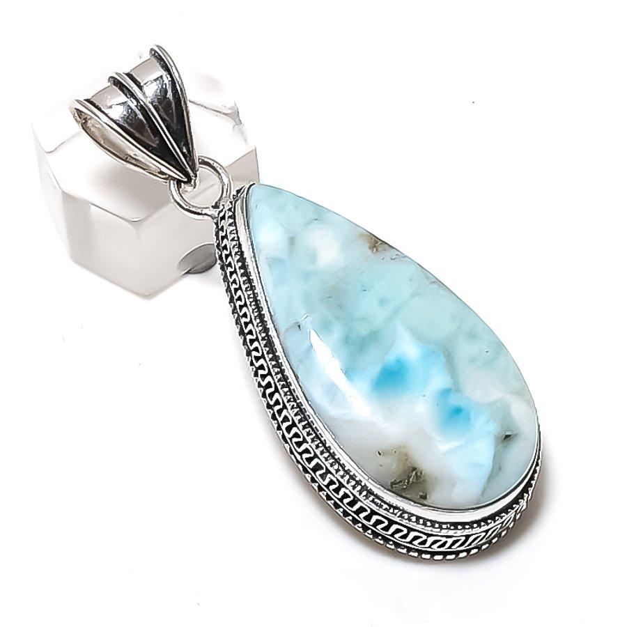 Larimar Gemstone Handmade 925 Sterling Silver Jewelry Pendant 2.36" R2i40