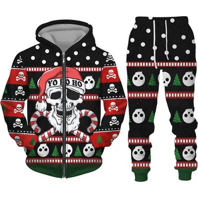 Moda Noel Kafatası Baskı erkek Fermuar Kapüşonlu Üstler/Pantolon/Set Butik Desen Ince Kapşonlu Ceket Takım Elbise Çift Sokak Giyim