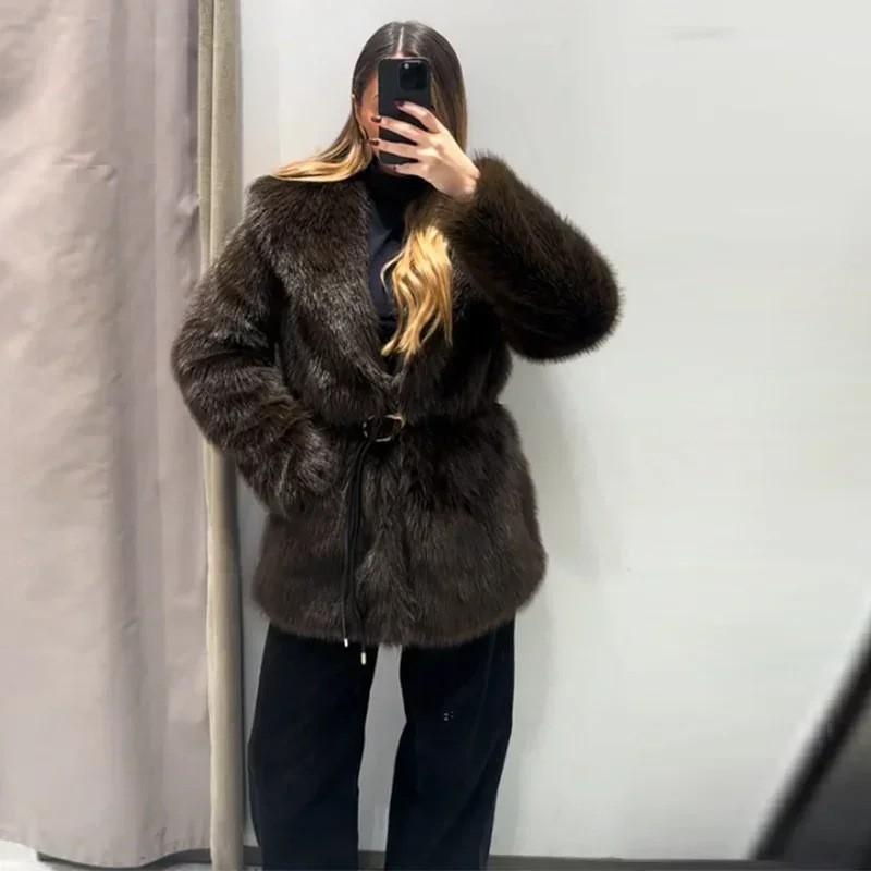 Womens Faux Fur Coat Mid-Length Turn-Down Collar Warm Brown Coffee Outerwear Urban Chic Fall 2025