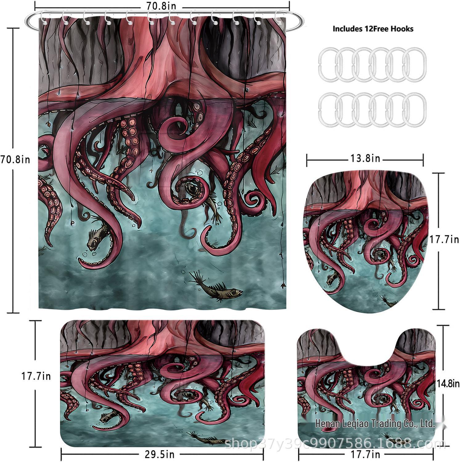 Red Octopus Pattern Waterproof Shower Curtain Set with Hooks, Four-Piece 12 hooks