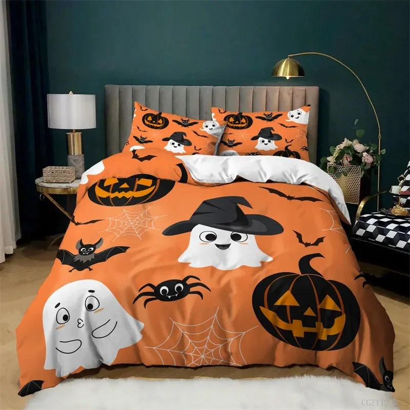 Cartoon Pumpkin Duvet Cover Gothic Halloween Skull Bedding Set Polyester Lantern Ghost Comforter Cover King For Boys Girls Decor