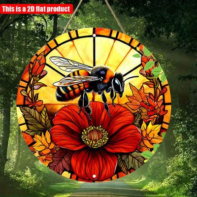 2D Flat 20*20cm 1pc Yellow Bee Red Vibrant Flower Pattern Unique Round Window Hanging Ornament, Retro Art Pendant For Home Garden And Outdoor Decor
