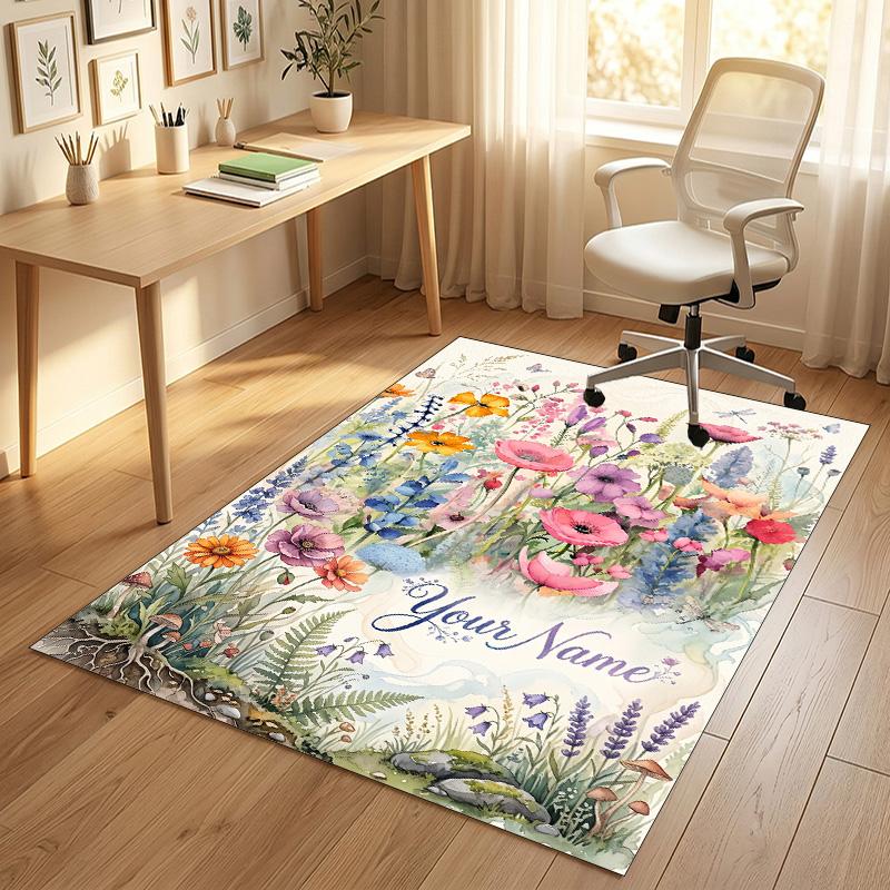 Blumen-Fantasy-Garten-Thema Weicher Kristall-Samt-Teppich Benutzerdefinierter Name & Textdruck Rutschfester Bodenläufer für Schlafzimmer Wohnzimmer