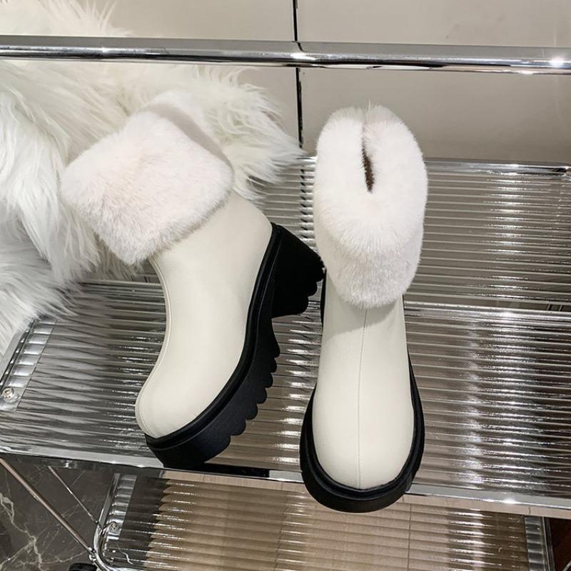 Herbst und Winter neue Mode Stiefel runde Spitze Reißverschluss hinten mittlerer Absatz dünne Martin Stiefel große Größe kurze flauschige Stiefel