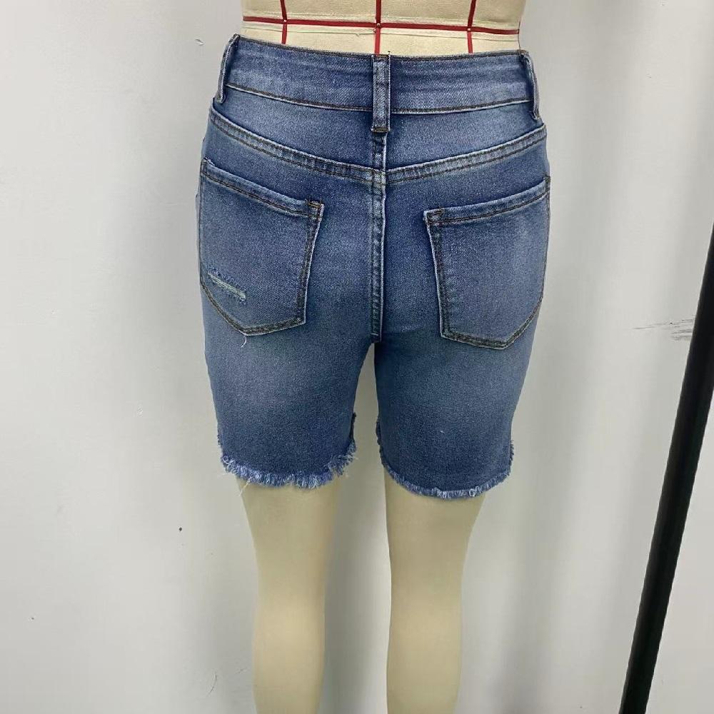 Women Summer Denim Shorts Ripped Hole High Waist Button Stretch Jean Short Pants