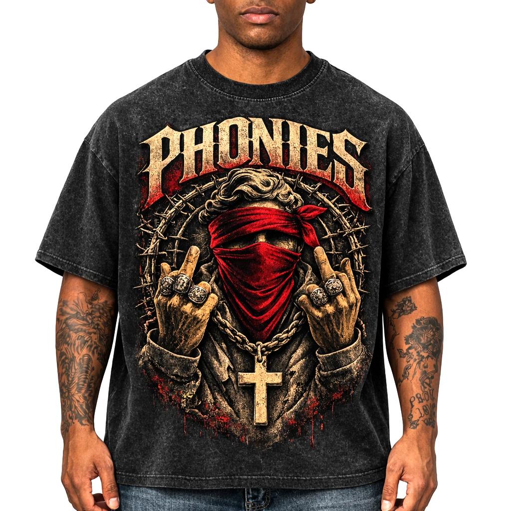 Oversized Acid Wash Graphic T Shirt Vintage Streetwear “Phonies” Tee Unisex L