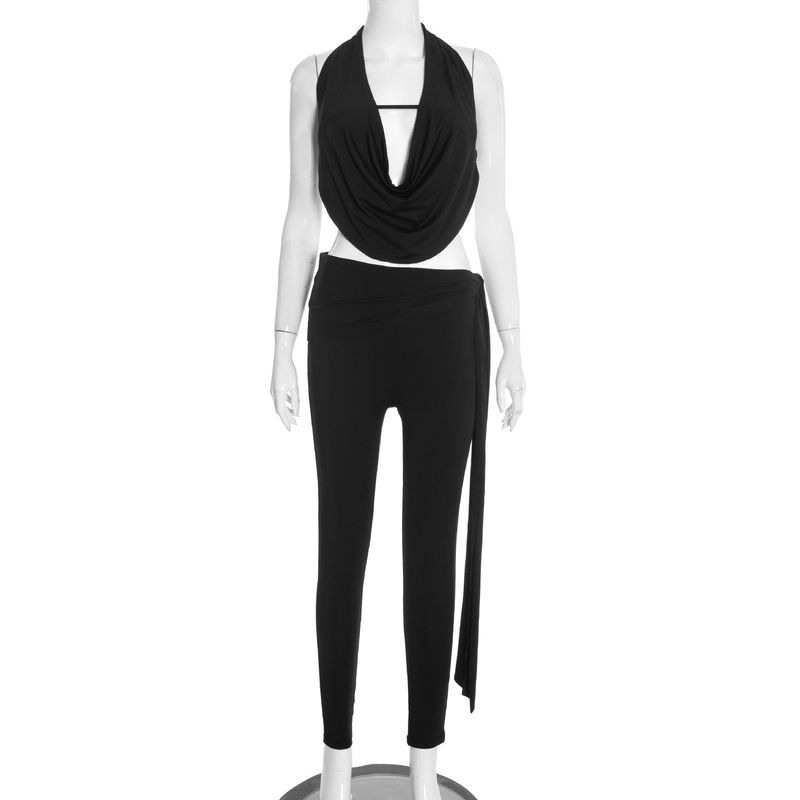 

J25St477 European and American Women s Clothing New Winter Style Solid Color Sexy Drapey Top with Waist Tie and Tight Pants Set Black S