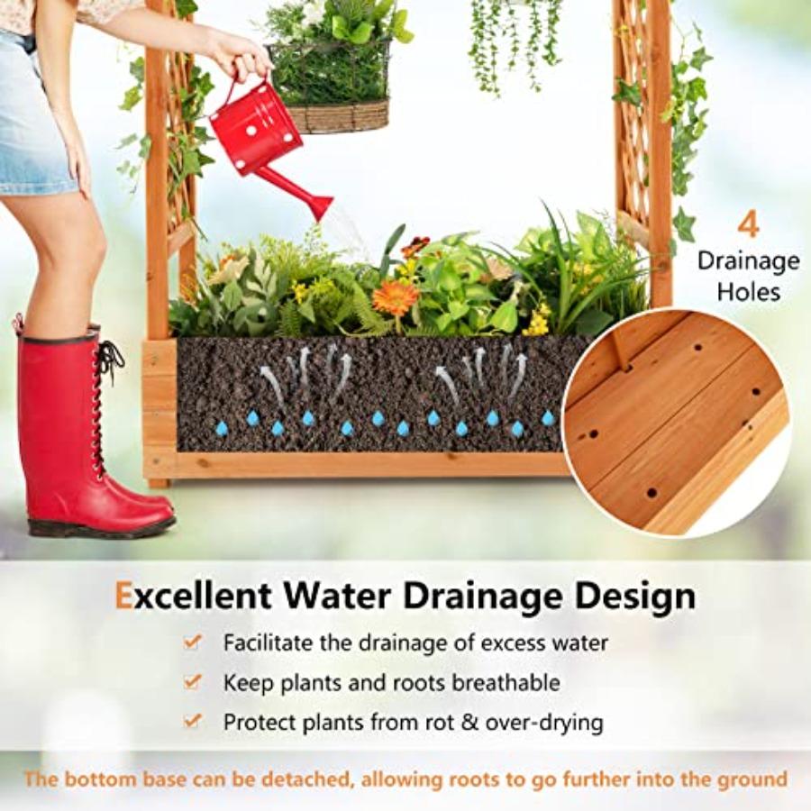 Raised Garden Bed with Arch Trellis Wood Planter Box with Hanging Roof Side Trellis 4 Drainage Holes Above Ground Elevated Gard