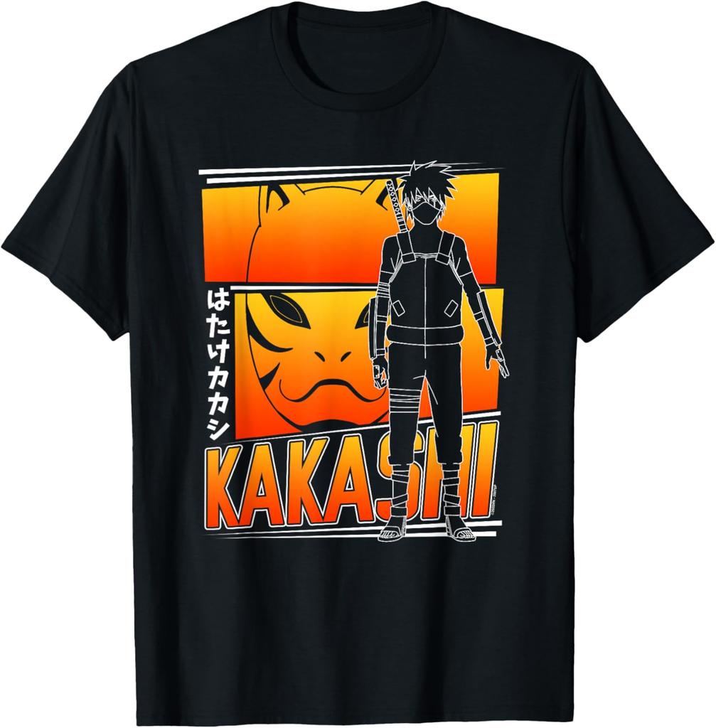 Naruto Shippuden Kakashi Outline With Mask And Kanji Anime T-Shirt S-6xl