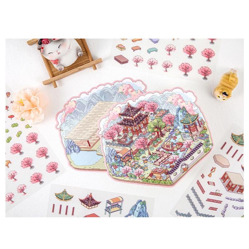 Zahlreiche Stile von Cartoon-Landschaftsaufklebern, Miniaturwelten, kleine kreative 3D-Hütten, dekomprimierende DIY-Szenen, Haustieraufkleber