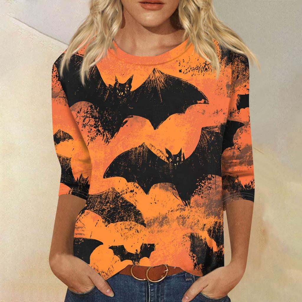 Modieuze casual damestop met driekwartmouwen en Halloweenprint, ronde hals.