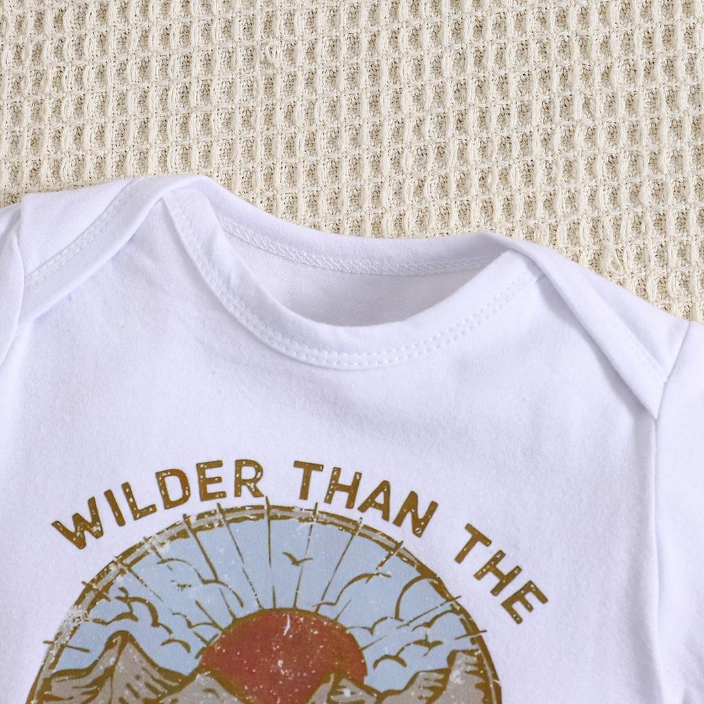 1-18 Months Baby “Wilder Than The West” Print Cotton Bodysuit Short Sleeve Jumpsuit Onesie