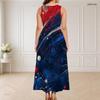 Women Plus Size Round Neck Triple Keyhole Cutout Sleeveless Printed Red Blue Beige Long Dress