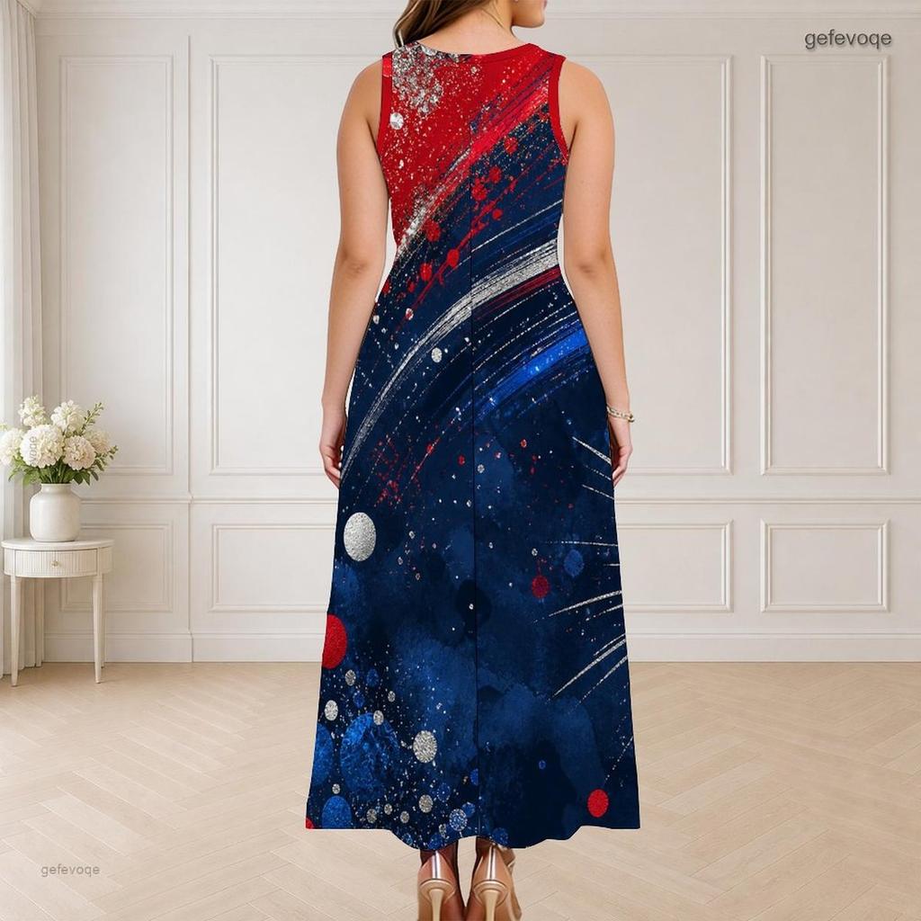 Women Plus Size Round Neck Triple Keyhole Cutout Sleeveless Printed Red Blue Beige Long Dress