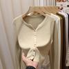Gentle style solid color metal buckle simple short knitted long-sleeved cardigan v-neck sweater women's autumn and winter top