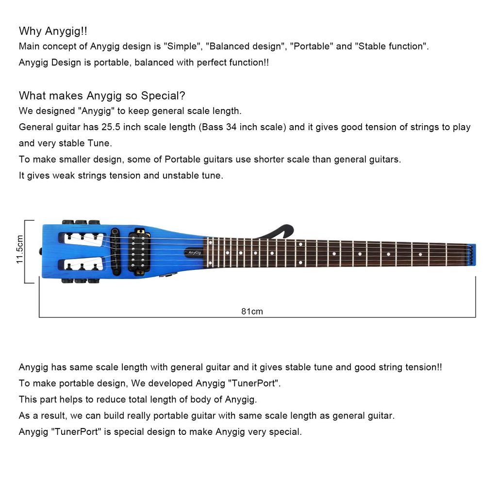 Anygig Portable Travel Electric Guitar, 82cm, 1.6kg, Blue, 25.5" Full-Scale, Right-Handed, with Gig Bag
