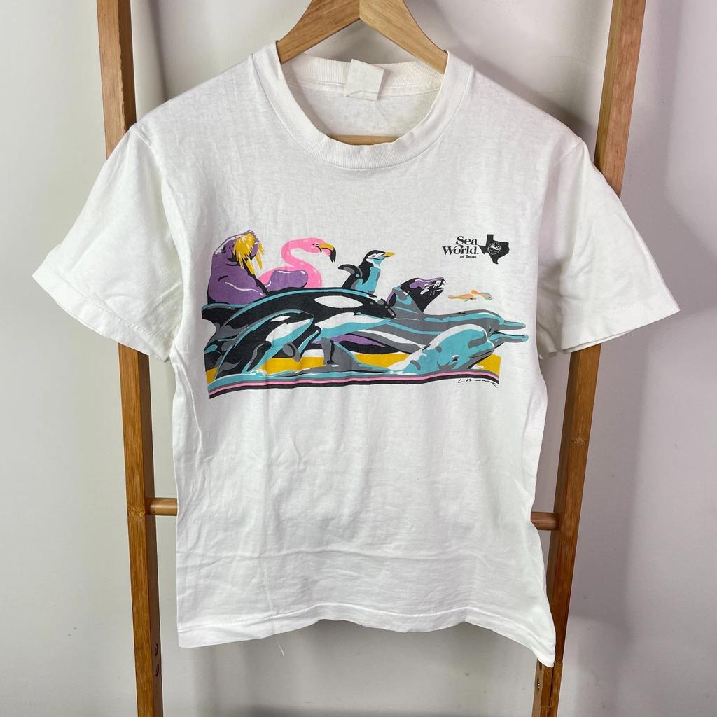 VTG Sea World Of Texas Shirt Top Womens Small White Graphic Print Short Sleeve