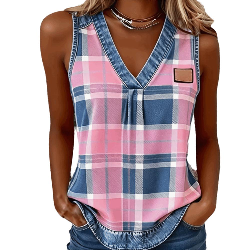 Loose Fit Faux Denim Vest Striped Sleeveless Tank Top Breathable Women V-Neck Top  Comfort Wear S