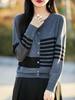 Korean-Style Color-Block Striped Wool Sweater Coat - Autumn/Winter, Loose Fit, Round Neck, Long Sleeve Cardigan.