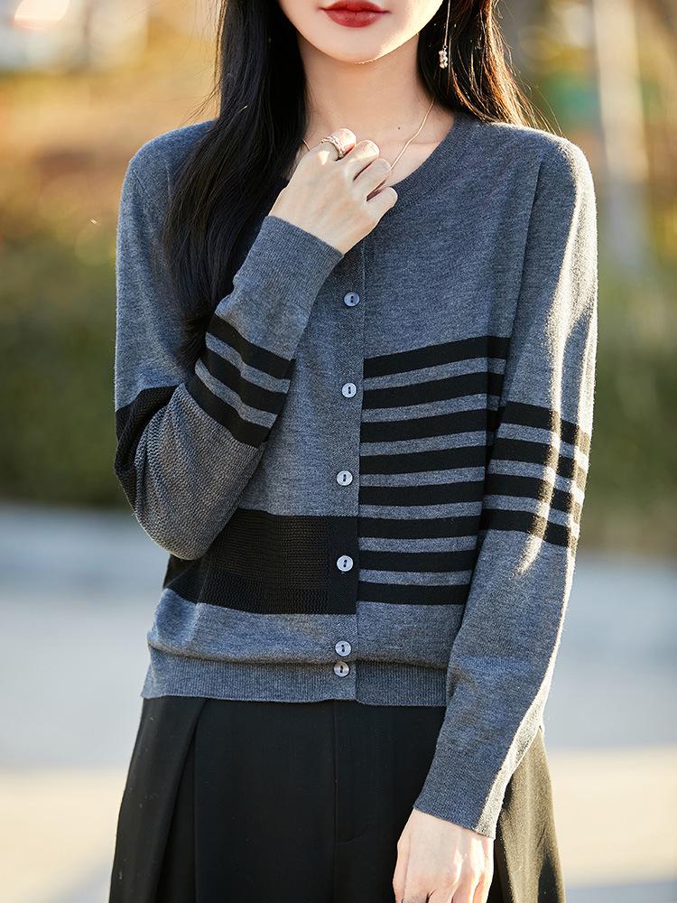 Korean-Style Color-Block Striped Wool Sweater Coat - Autumn/Winter, Loose Fit, Round Neck, Long Sleeve Cardigan.