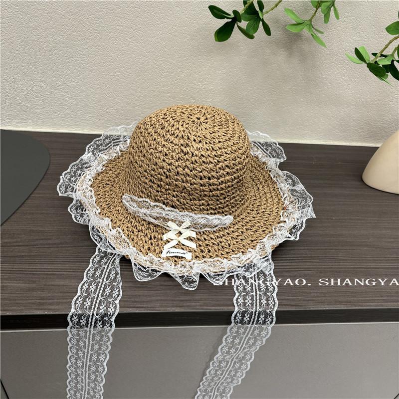 Bow lace streamer straw hat women's summer beach vacation sunshade sunscreen foldable sun hat parent-child hat
