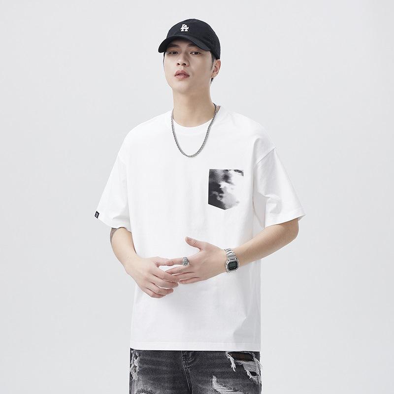New Japanese Cool Sorona Special Texture Fabric Abstract Printed Loose Round Neck T-shirt M