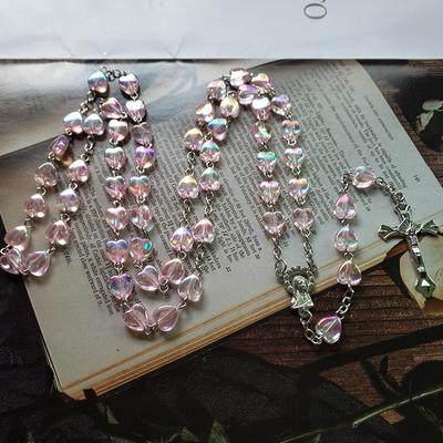 Collar con colgante de cruz de la Virgen María, Cristo Jesús y cuentas de rosario con corazón de amor rosa para mujeres y hombres, regalo de joyería católica