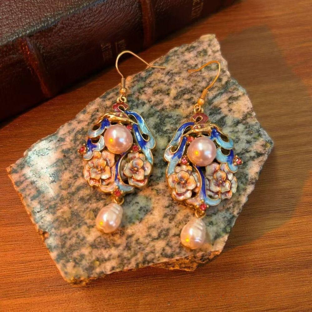 Pearl Pendant Vintage Earrings Exquisite Chinese Style Earrings Cloisonne Drop Earrings  Women