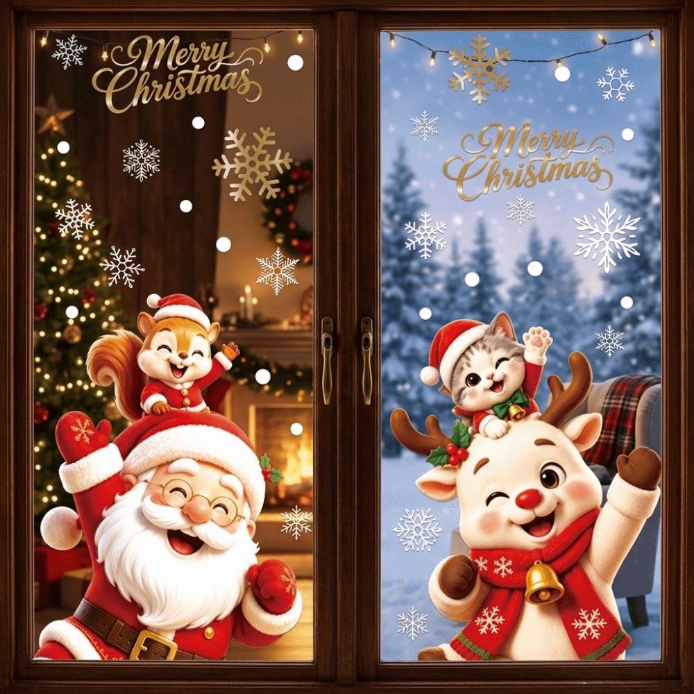 2 Sheets Santa Claus Static Window Stickers Elk Cat Glass Electrostatic Film Glass Window