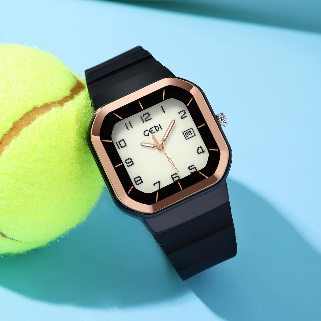 Student Sports Wind Test Watch Square Dial With Luminous Belt Calendar Silicone Belt Waterproof Quartz Watch