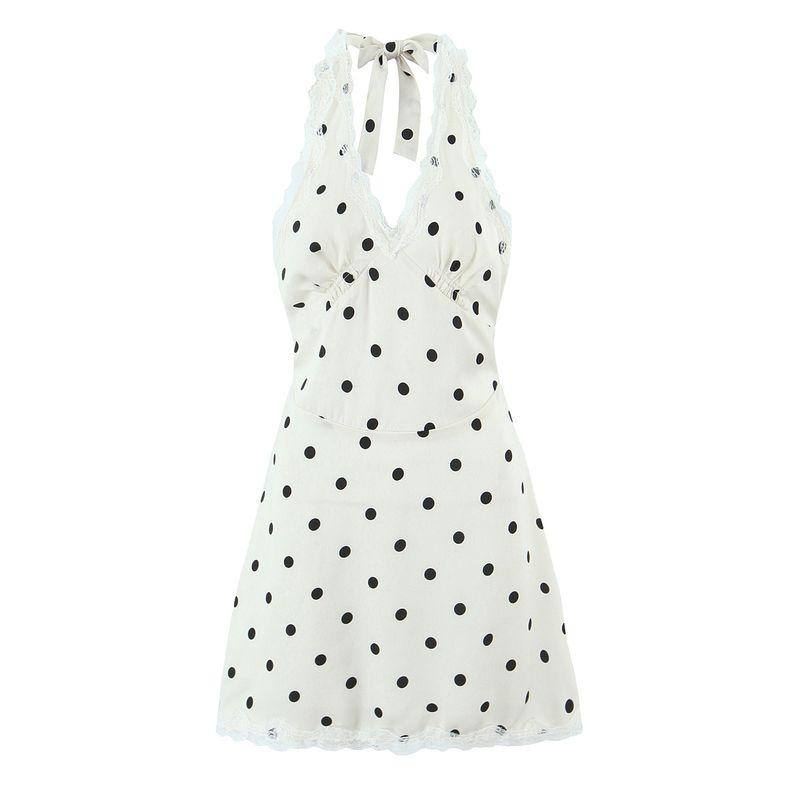 

Dingge Sweet Summer French style Pure Desire Gyaru Hanging Neck Polka Dot Sexy Lace Stitching Deep V Backless Vacation Dress Creamy-white wave point L