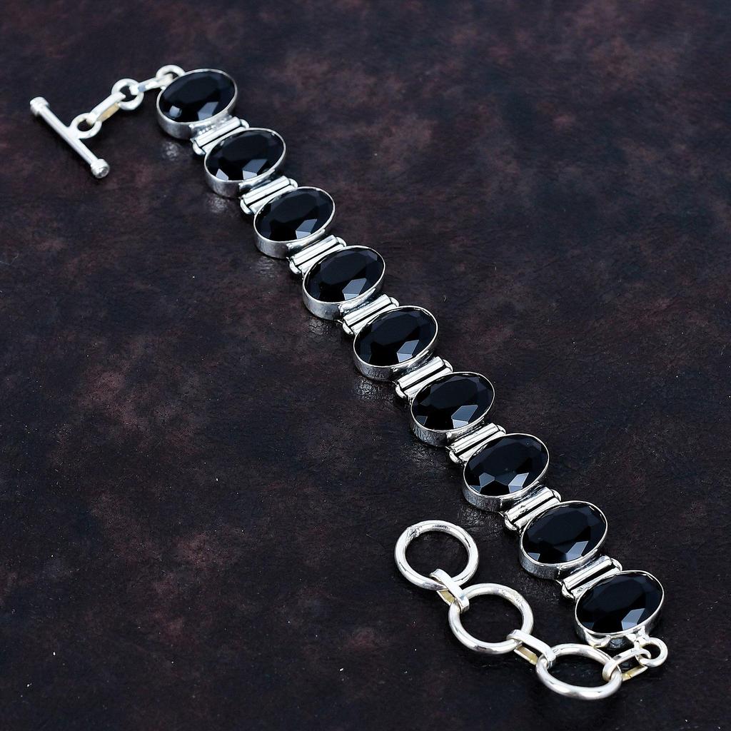Brățară fațetată din onix negru argint sterling 925 brățară cu lanț reglabil bijuterii antice brățară cu pietre prețioase bijuterii lucrate manual cadouri pentru femei