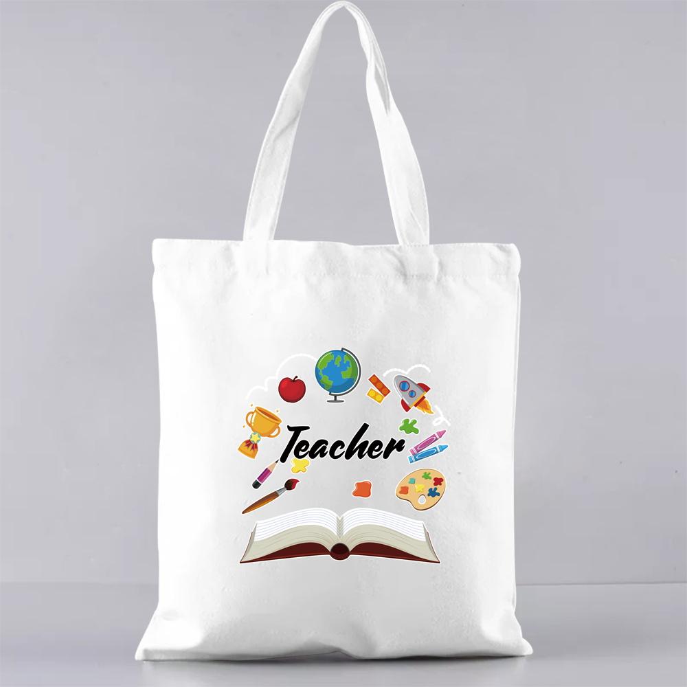 Fashion Shopping Bag Handbag Commuter Casual Shoulder Bag Reusable Canvas Bag White Cartoon Teacher Pattern Printing Tote Bag