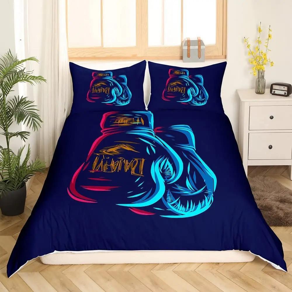 Boxing Sport Duvet Cover King Queen Golden Boxing Gloves Bedding Set Yellow Fire Print Comforter Cover Microfiber Quilt Cover
