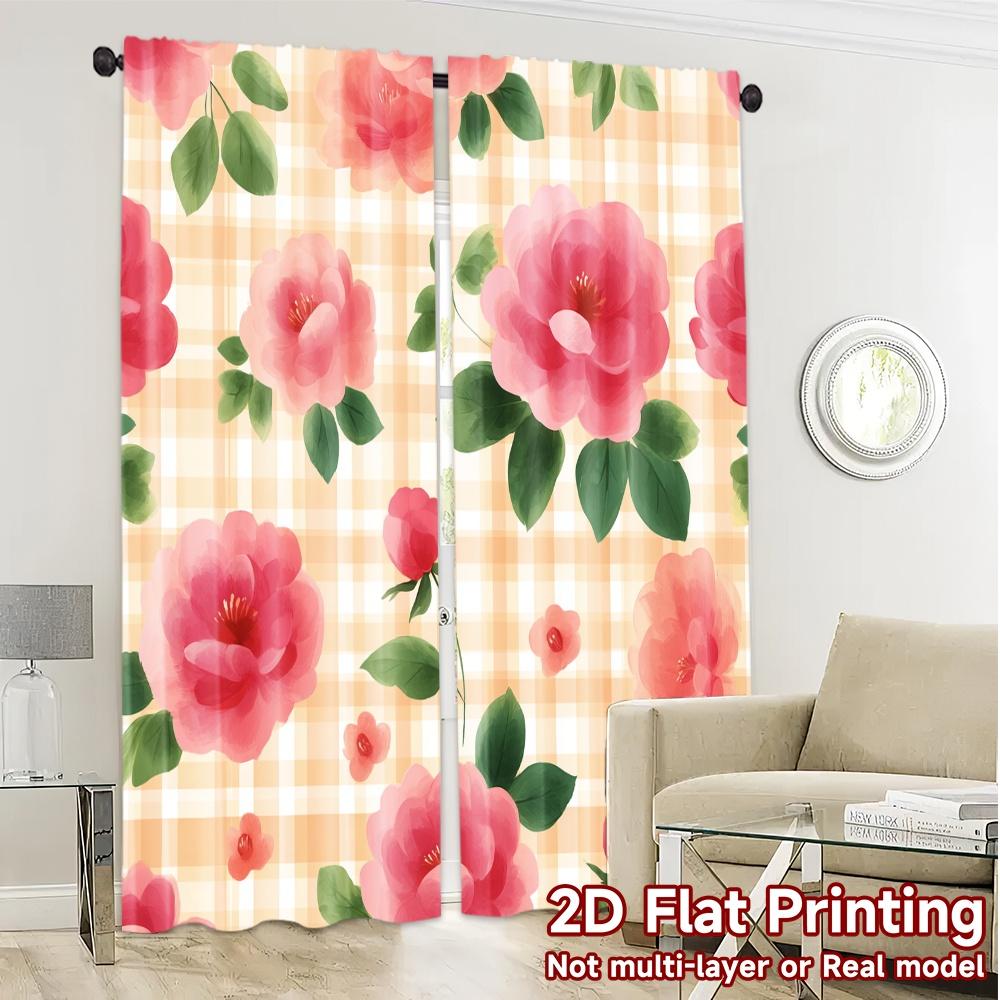 2D FLAT PRINTING 2pcs Curtains (Without Rod) Floral Pink Rose Design April Fools is Day Festival Creative Curtains Semi-Sheer
